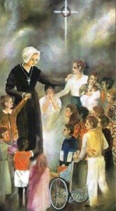 Peinture représentant Mère Saint Louis entourée des enfants